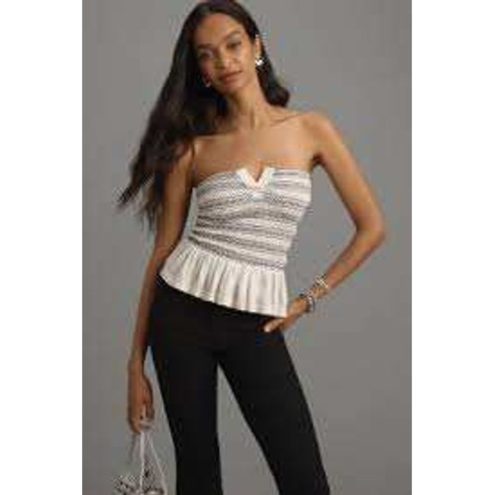 Maeve Anthropologie Smocked Peplum Tube Top White‎ Navy Blue Strapless Cotton M